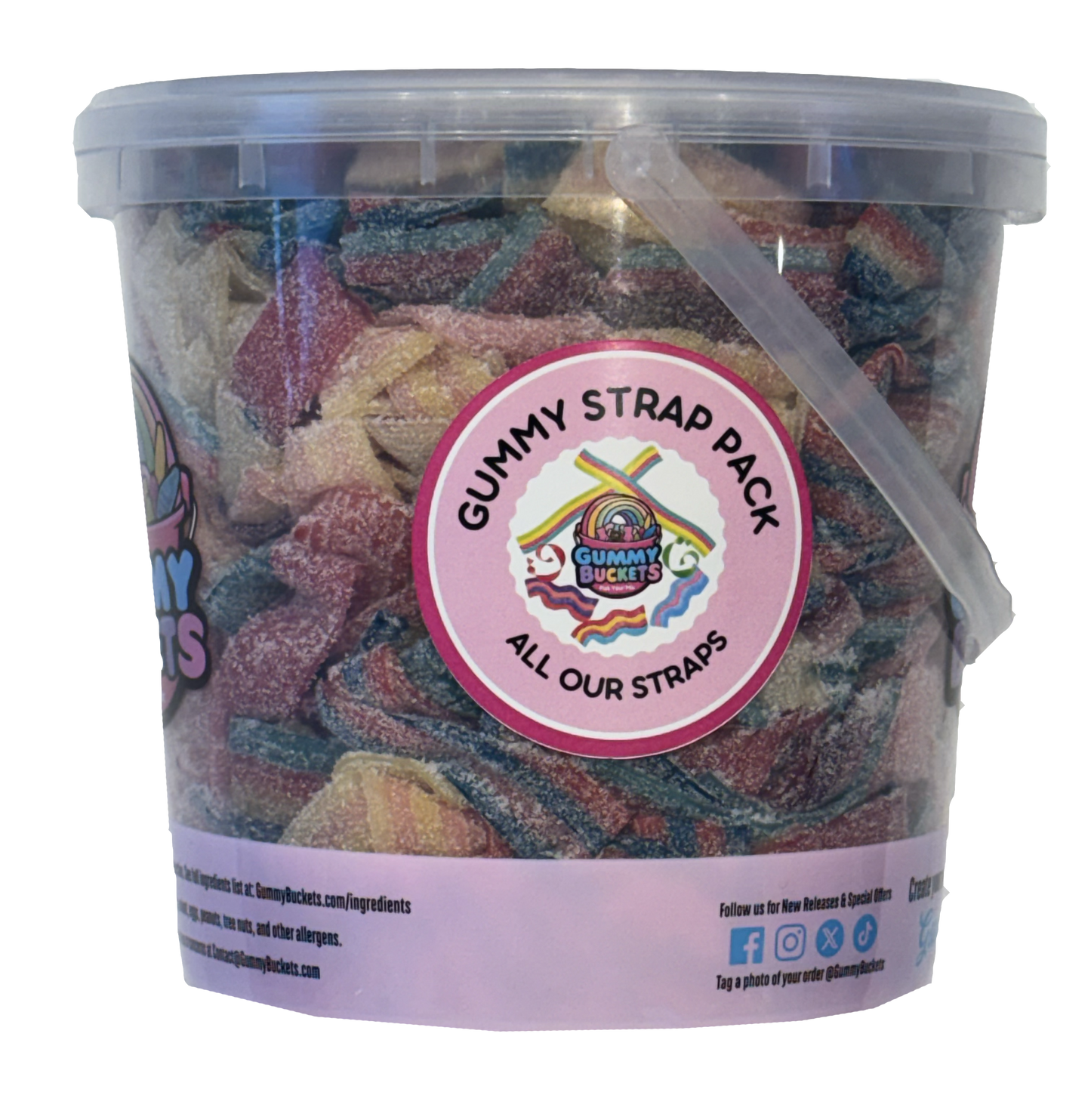 A clear plastic bucket filled with assorted gummy straps, featuring a circular pink and white label that reads 'GUMMY STRAP PACK' and 'ALL OUR STRAPS,' with the Gummy Straps logo in the center.