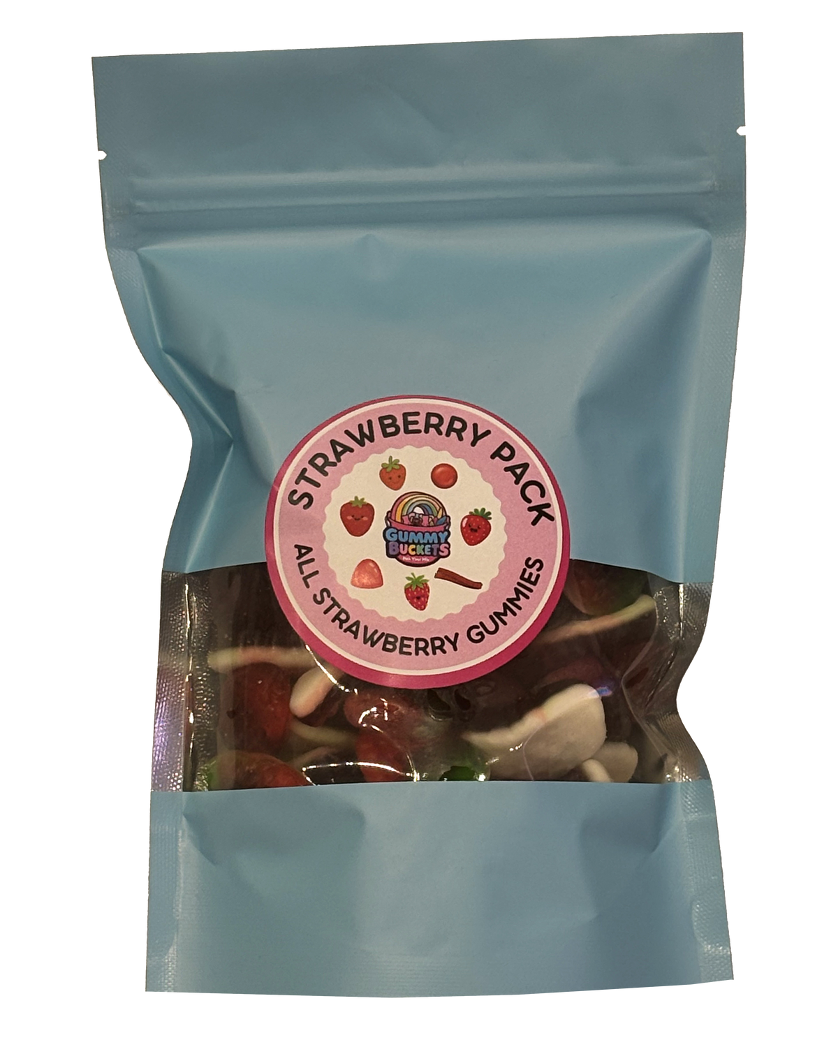 A light blue resealable stand-up pouch with a clear window showing red and white strawberry-shaped and strawberry-flavored gummy candies including strawberry creams and jelly strawberries inside. A round pink label on the front reads 'STRAWBERRY PACK' and 'ALL STRAWBERRY GUMMIES' with the Gummy Buckets logo surrounded by illustrated strawberry icons in the center.