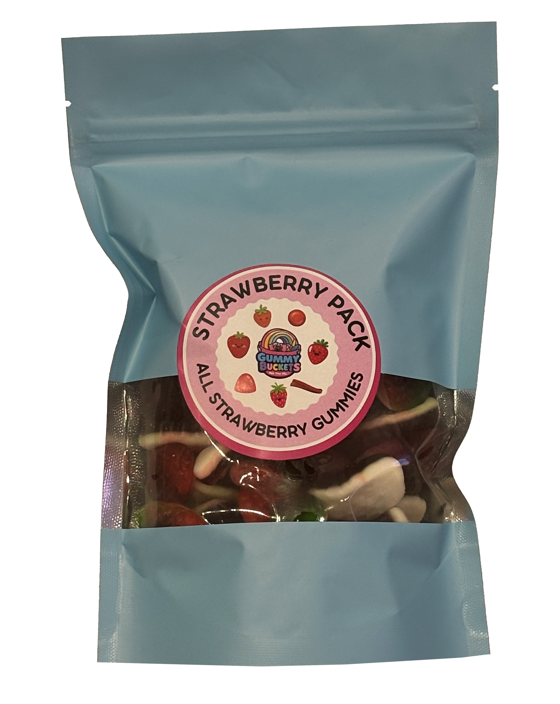 A light blue resealable stand-up pouch with a clear window showing red and white strawberry-shaped and strawberry-flavored gummy candies including strawberry creams and jelly strawberries inside. A round pink label on the front reads 'STRAWBERRY PACK' and 'ALL STRAWBERRY GUMMIES' with the Gummy Buckets logo surrounded by illustrated strawberry icons in the center.