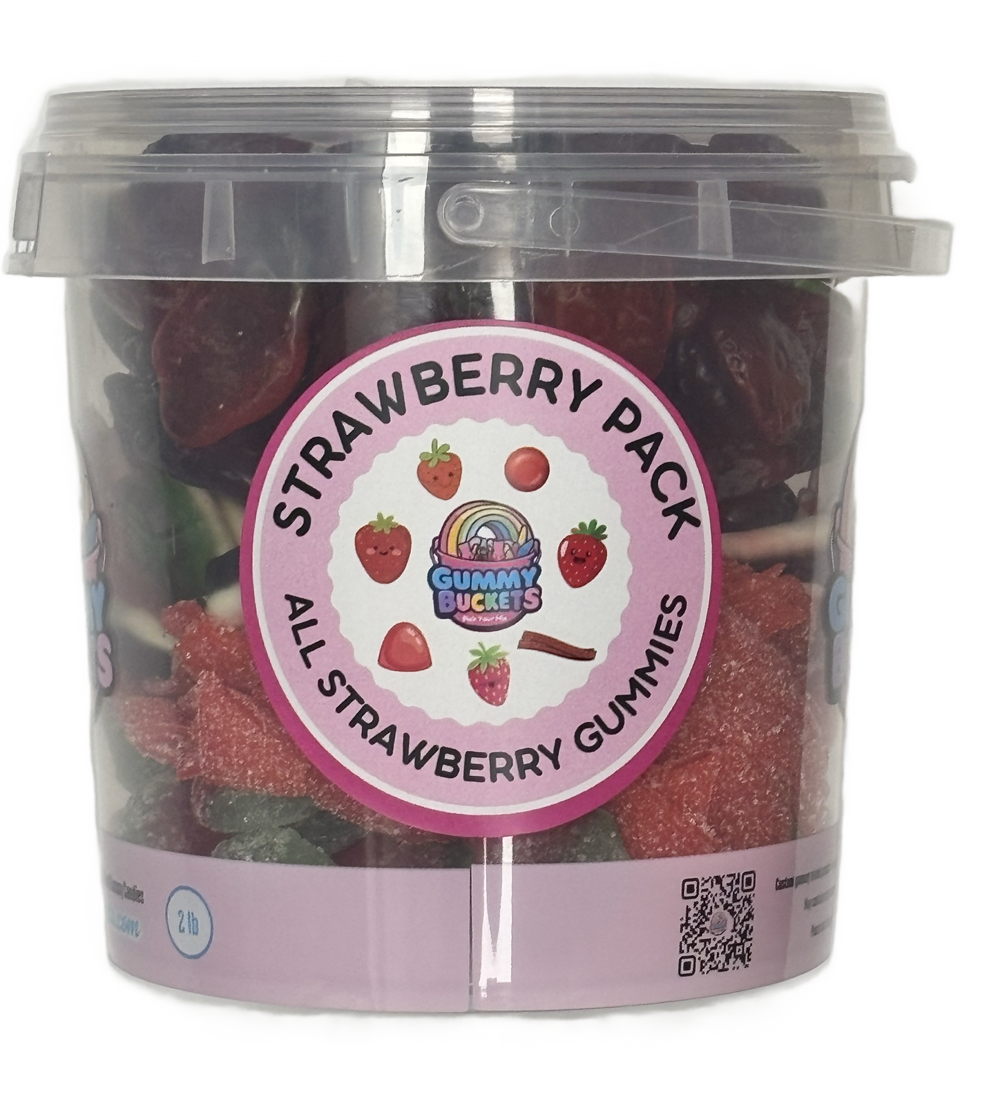 A clear plastic tub of Gummy Buckets Strawberry Pack all strawberry gummies, featuring a pink and white circular label on a white background.