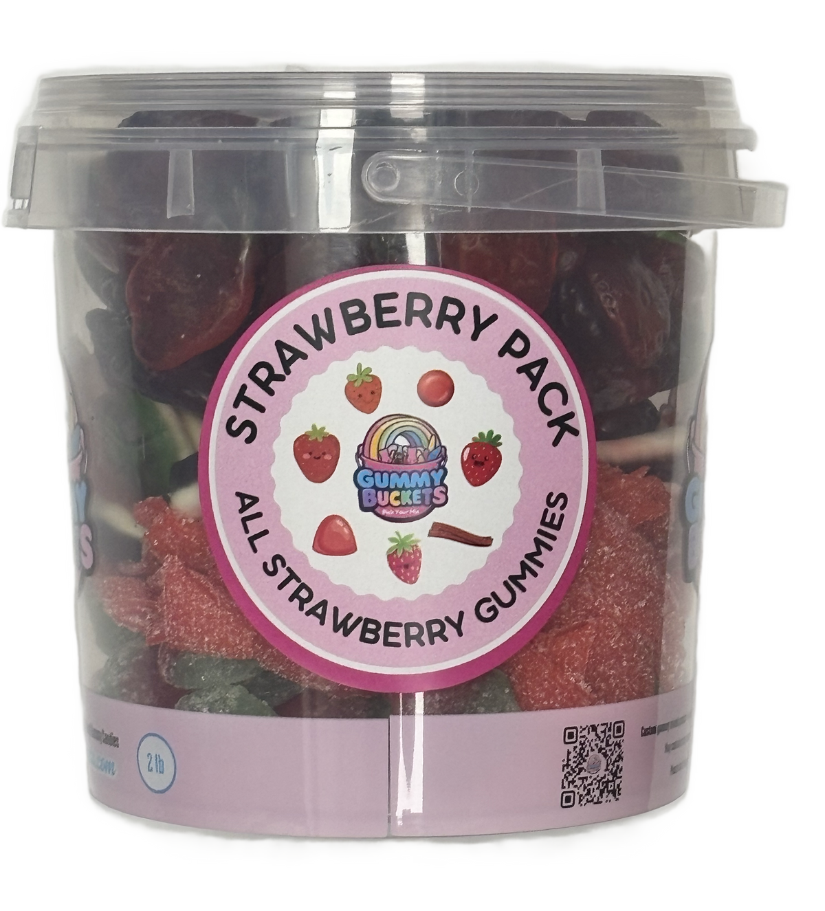 A clear plastic tub of Gummy Buckets Strawberry Pack all strawberry gummies, featuring a pink and white circular label on a white background.