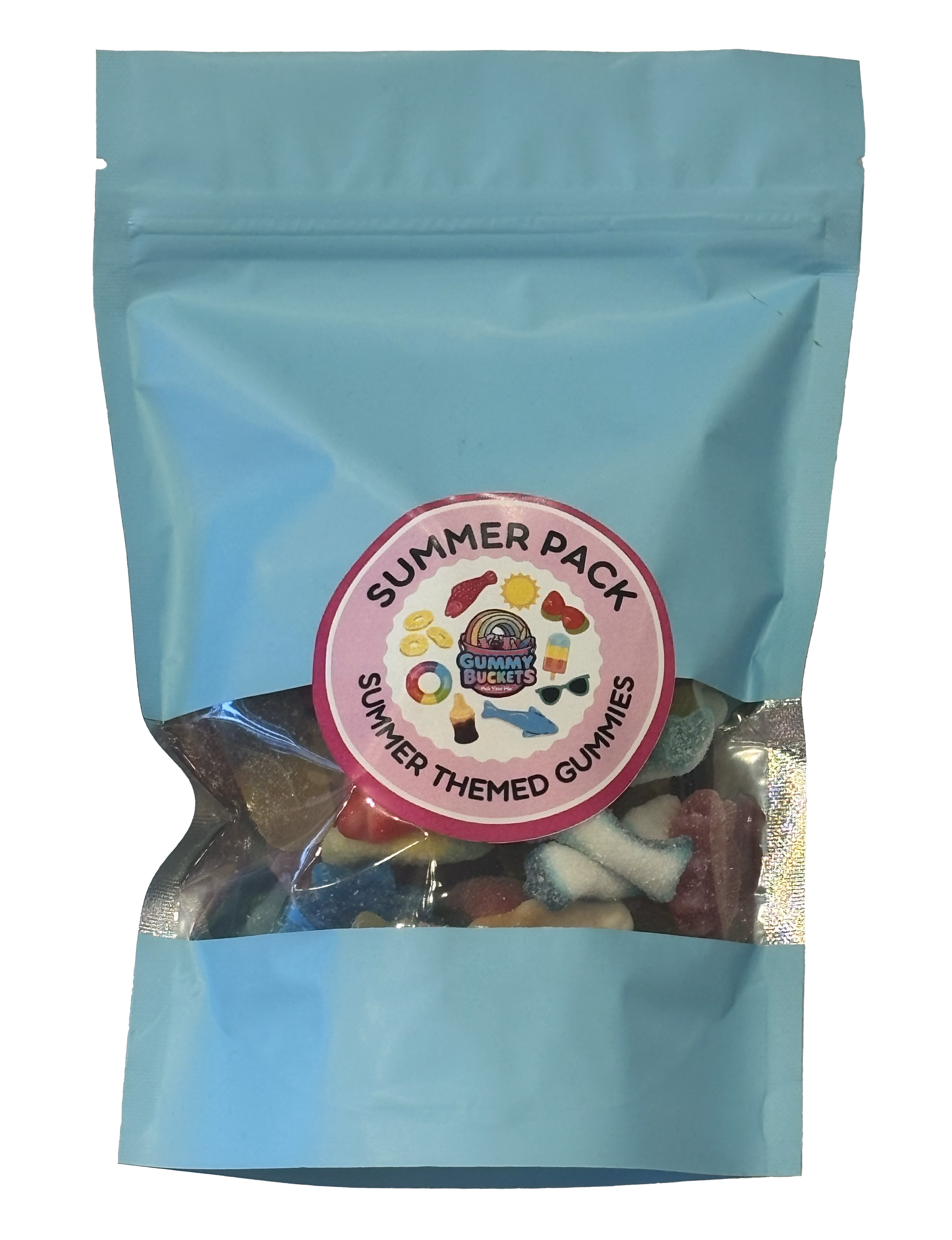A light blue resealable stand-up pouch of summer themed gummies, featuring a circular pink and white 'Summer Pack' label on the front. The clear lower window reveals assorted colorful gummy candies inside.