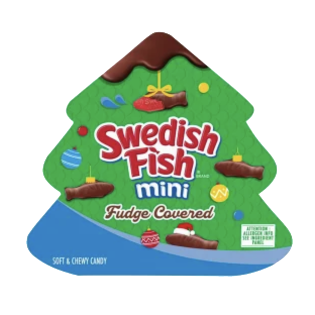 Swedish Fish Mini Fudge Covered candy in a Christmas tree-shaped package.