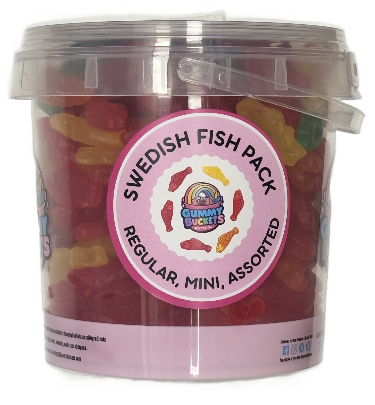 A clear plastic tub of Swedish Fish Pack gummy candies by Gummy Buckets, filled with assorted red, pink, yellow, and green gummy bears, with a pink circular label on the front.