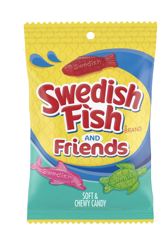 Swedish Fish and Friends gummy candy packaging.
