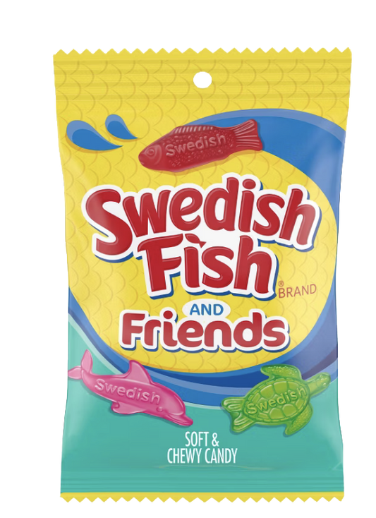 Swedish Fish and Friends gummy candy packaging.