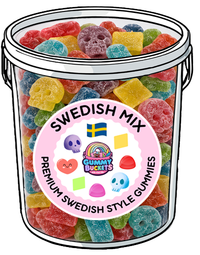 A clear plastic bucket filled with assorted colorful gummy candies, featuring a large pink circular label that reads 'SWEDISH MIX' and 'PREMIUM SWEDISH STYLE GUMMIES' with the Gummy Buckets logo. The gummies include shapes and forms in red, yellow, green, blue, purple, and orange.