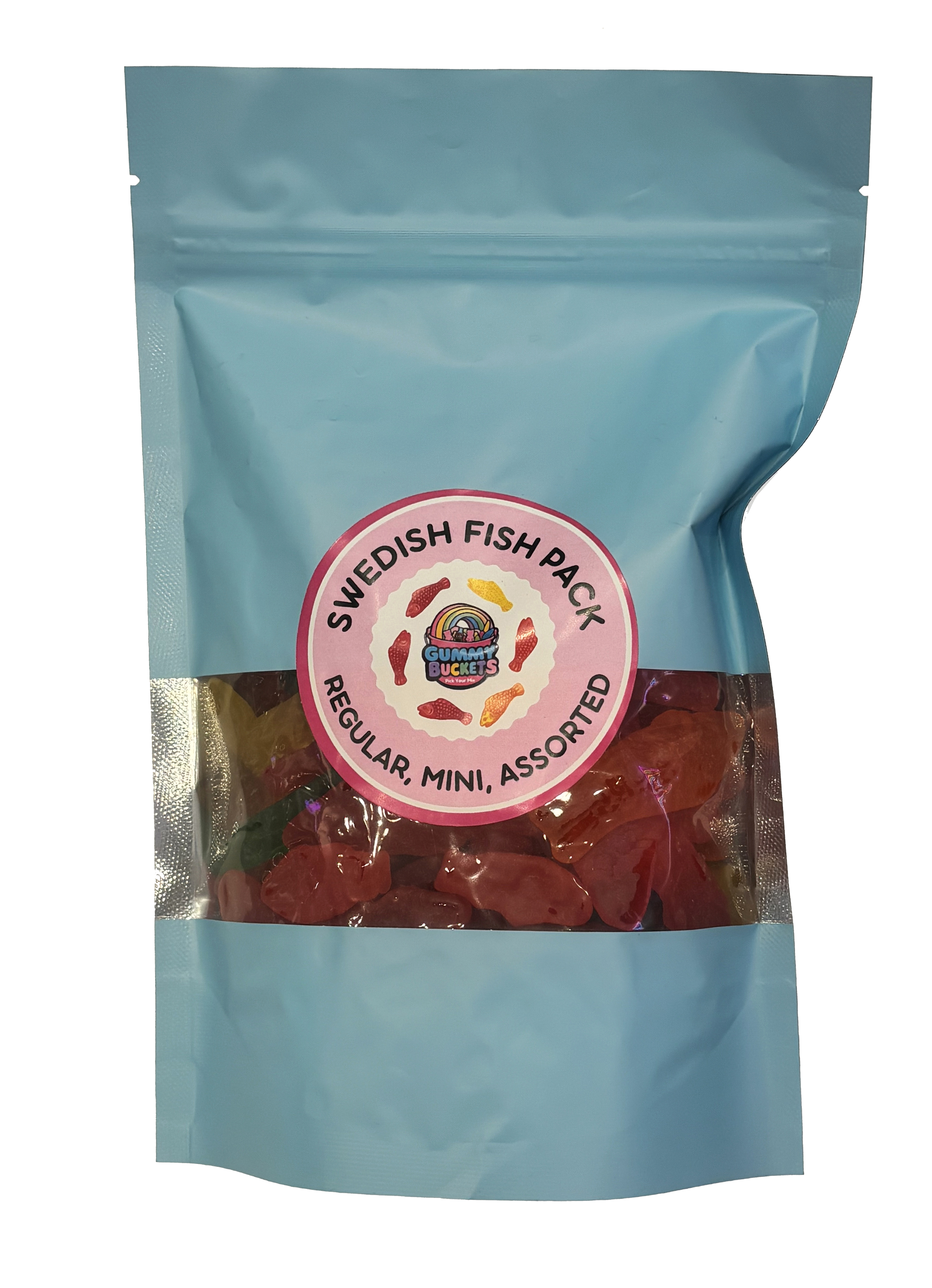 A light blue resealable stand-up pouch with a large clear window showing a generous assortment of red, pink, and yellow Swedish Fish-shaped gummy candies in regular and mini sizes inside. A round pink label on the front reads 'SWEDISH FISH PACK' and 'REGULAR, MINI, ASSORTED' with the Gummy Buckets logo surrounded by illustrated Swedish Fish icons in the center.