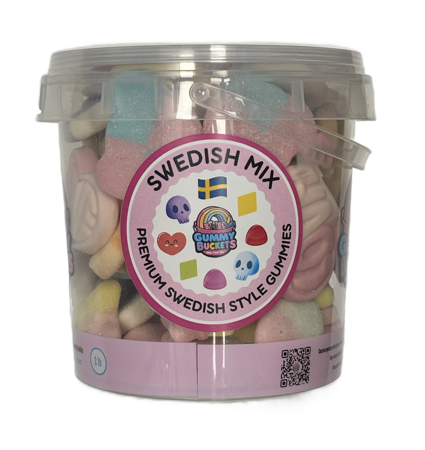 A clear plastic bucket filled with assorted Swedish-style gummy candies, featuring a pink circular label that reads 'Swedish Mix' and 'Premium Swedish Style Gummies.'.