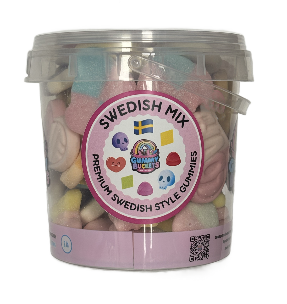 A clear plastic bucket filled with assorted Swedish-style gummy candies, featuring a pink circular label that reads 'Swedish Mix' and 'Premium Swedish Style Gummies.'.