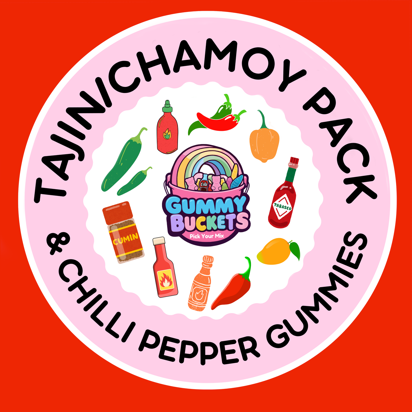 Circular logo for Tajin Chamoy Pack & Chilli Pepper Gummies on a red background