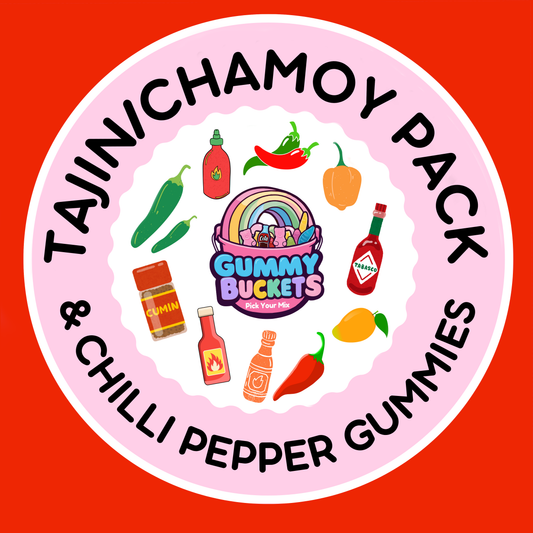 Circular logo for Tajin Chamoy Pack & Chilli Pepper Gummies on a red background