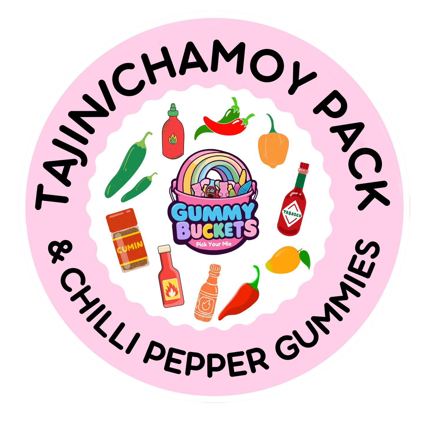 A circular pink graphic for a 'Tajinichamoy Pack' featuring illustrated hot peppers, chili sauce bottles, a cumin jar, a Tabasco bottle, a mango, and a rainbow-themed 'Gummy Buckets' bucket, with text reading 'TAJINICHAMOY PACK' and '& CHILLI PEPPER GUMMY GUMMS'.