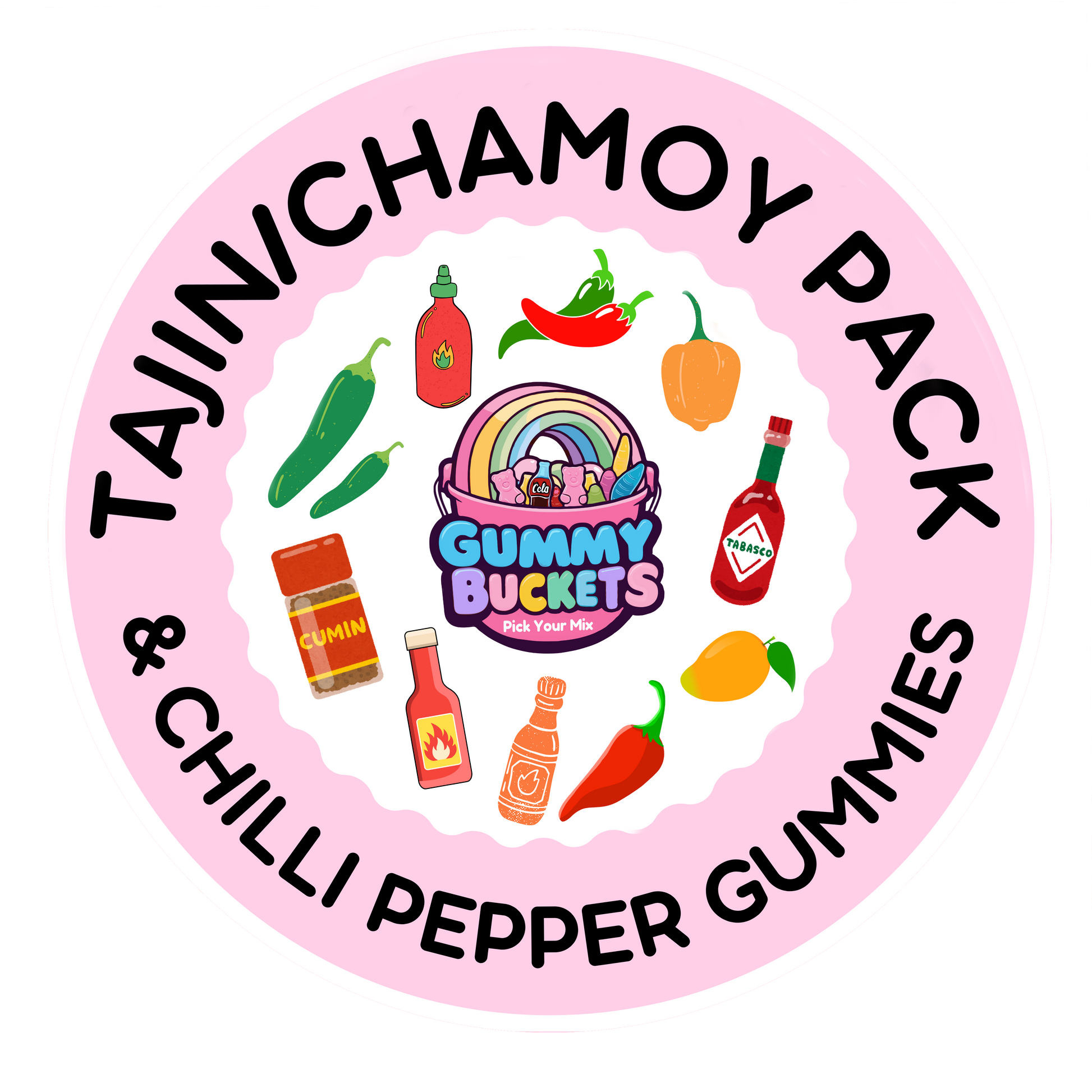 A circular pink graphic for a 'Tajinichamoy Pack' featuring illustrated hot peppers, chili sauce bottles, a cumin jar, a Tabasco bottle, a mango, and a rainbow-themed 'Gummy Buckets' bucket, with text reading 'TAJINICHAMOY PACK' and '& CHILLI PEPPER GUMMY GUMMS'.