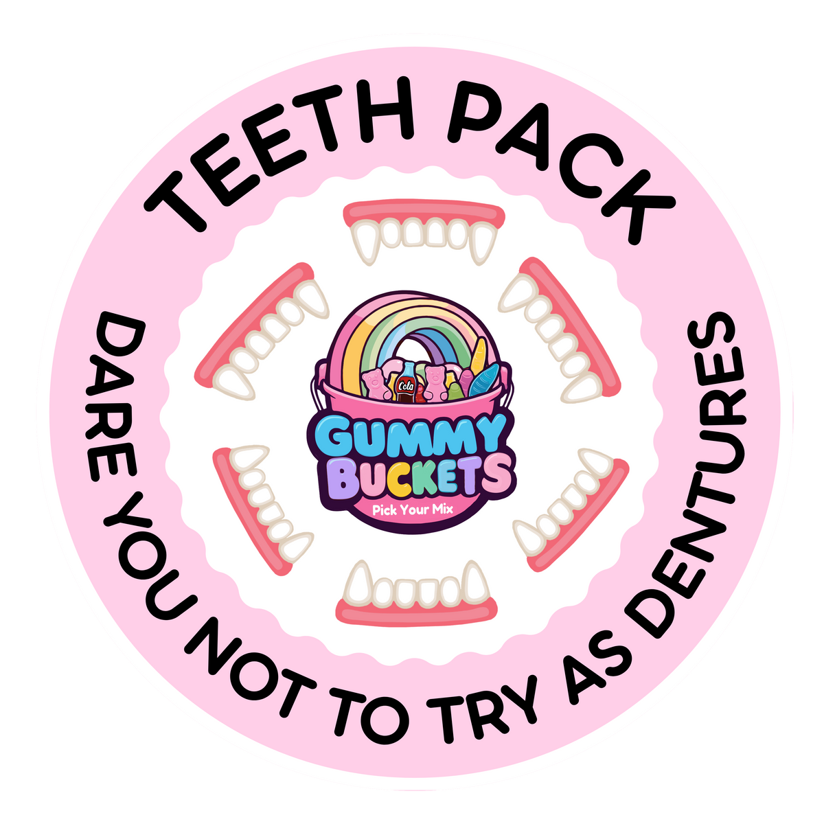 Circular logo for 'Gummy Buckets' with teeth and pink border