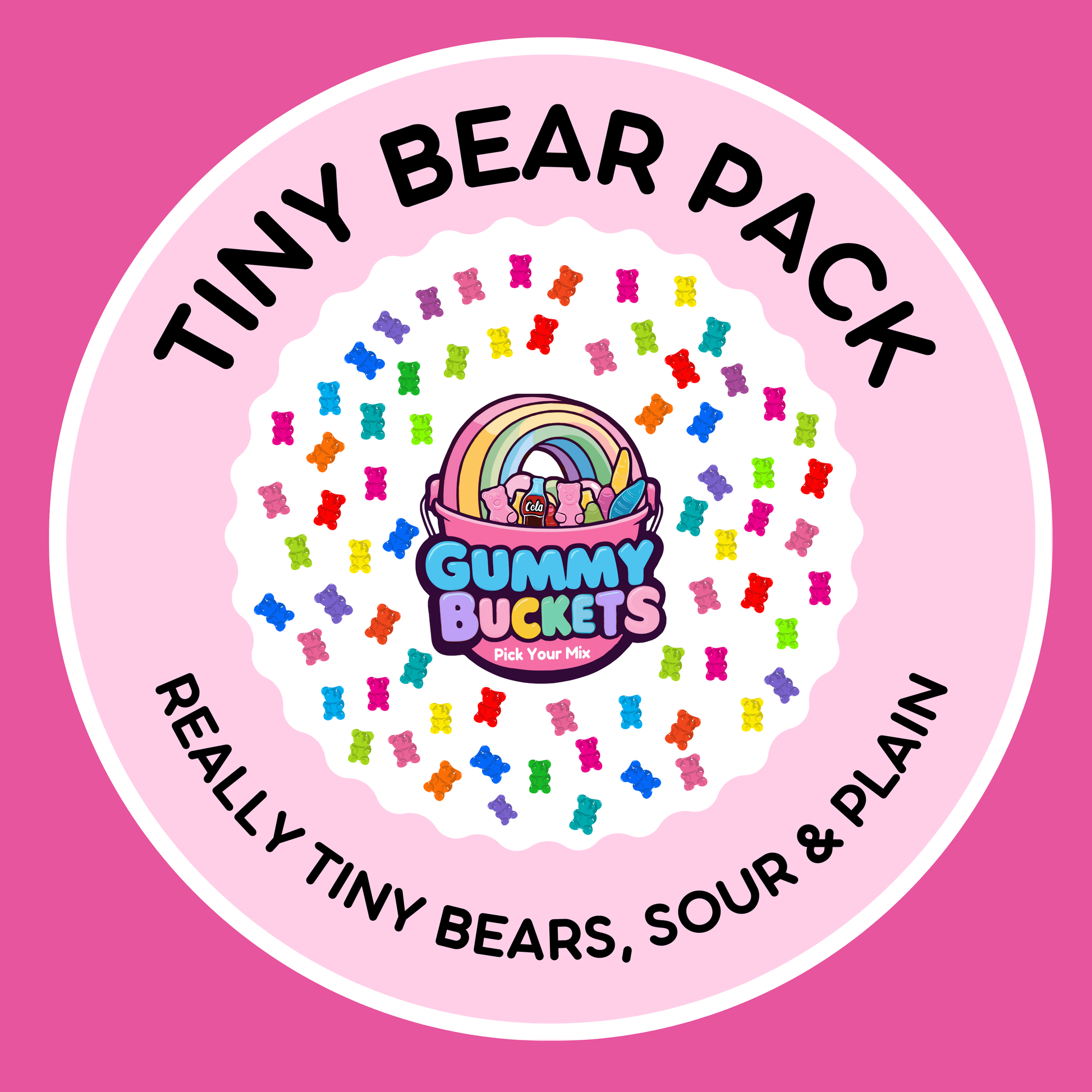 Circular logo for 'Tiny Bear Pack' with colorful gummy bears on a pink background