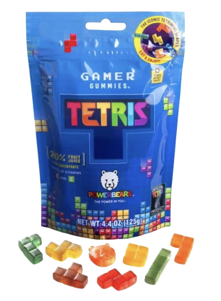 Blue PowerBears Tetris Gamer Gummies pouch with colorful Tetris-shaped candies arranged below it.