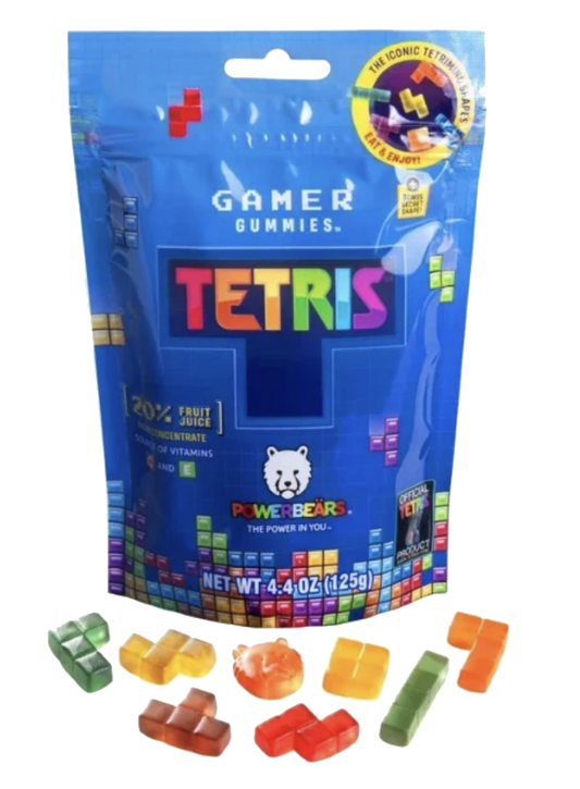 Blue PowerBears Tetris Gamer Gummies pouch with colorful Tetris-shaped candies arranged below it.