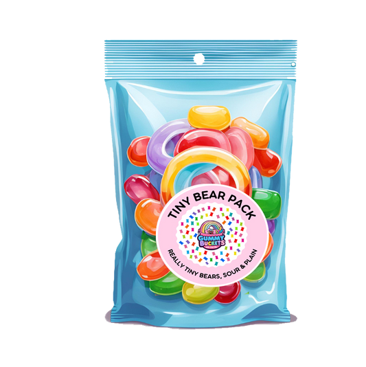 Packaged colorful gummy bears with a 'Gummy Bear' brand label on a white background