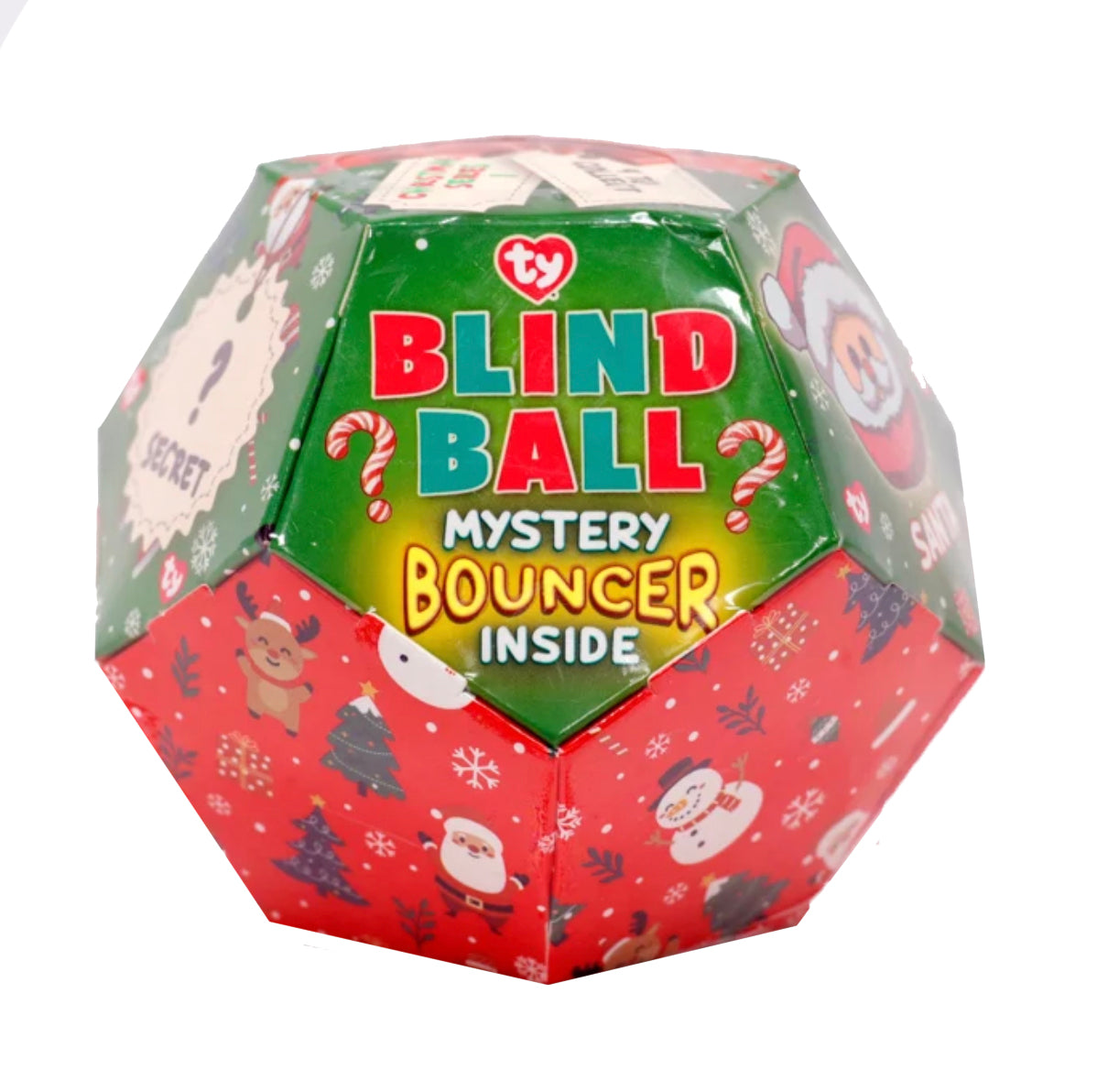 TY Holiday Blind Ball mystery bouncer in festive red and green packaging.