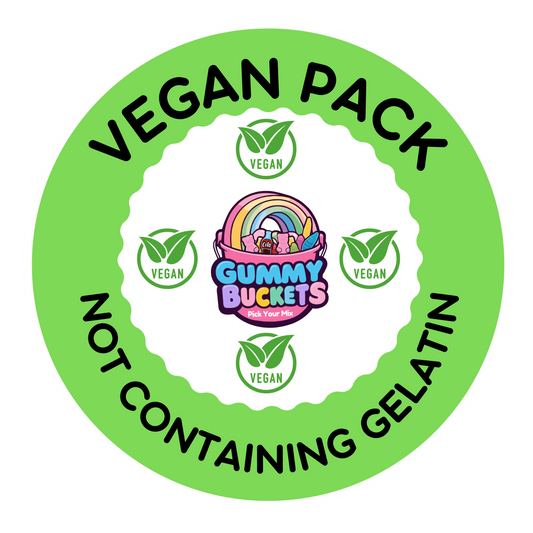 A circular green and white label with black text reading 'VEGAN PACK' and 'NOT CONTAINING GELATIN,' plus five small green vegan leaf logos around a colorful 'Gummy Buckets Pick Your Pick' center logo.