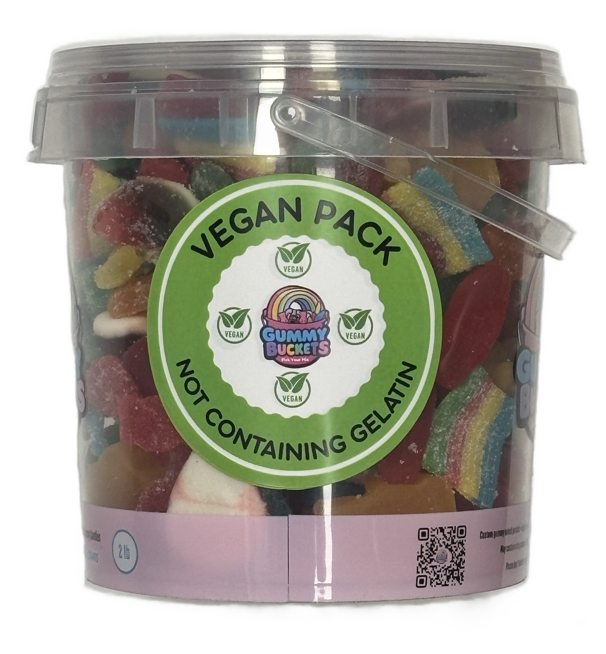 A clear plastic bucket filled with assorted colorful gummy candies, featuring a green circular label that reads 'VEGAN PACK' and 'NOT CONTAINING GELATIN,' with the Gummy Buckets logo in the center.