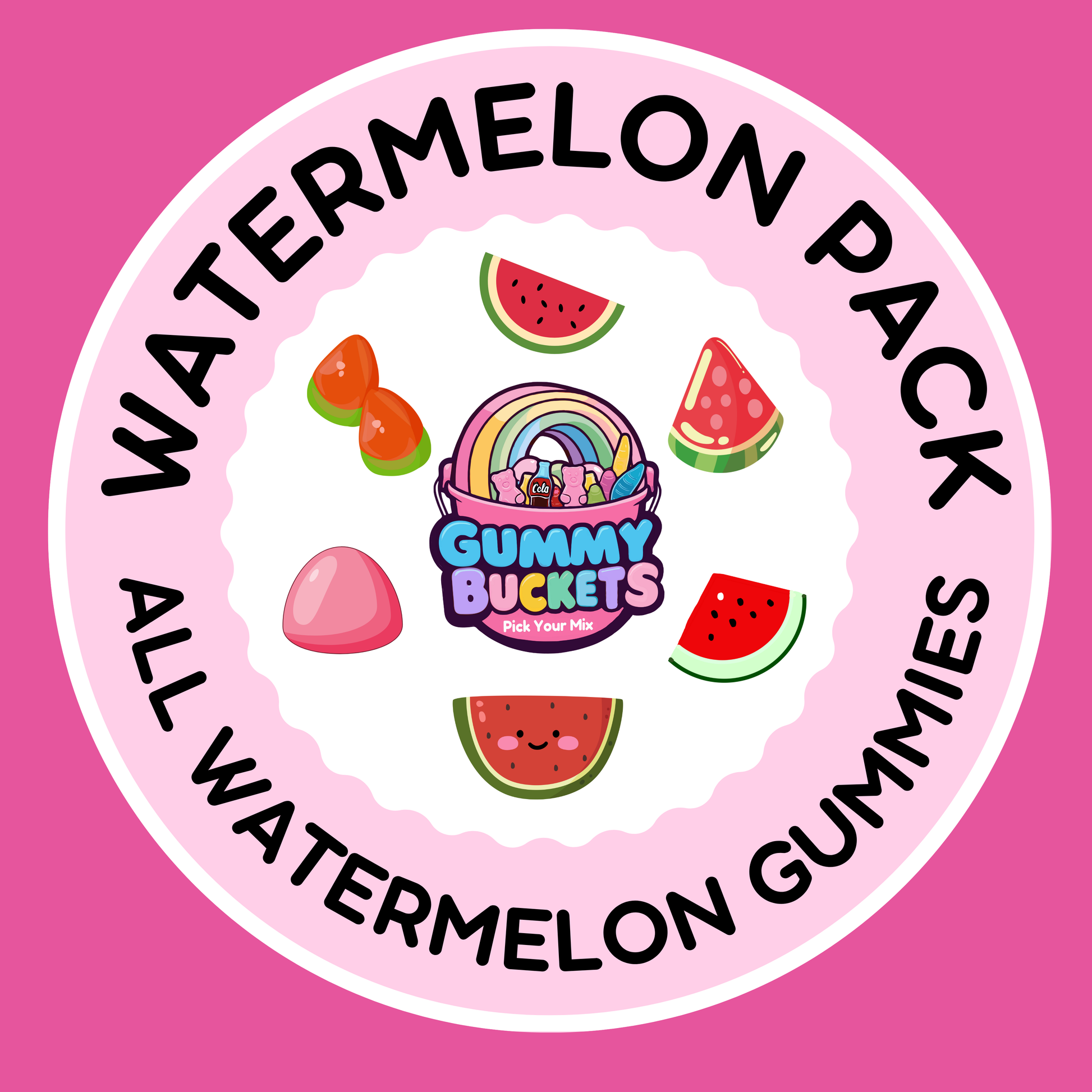 Gummy buckets packaging with watermelon gummies on a pink background
