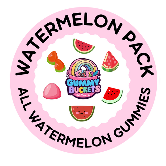 A circular pink label for a 'Watermelon Pack' by Gummy Bubbles Studios, featuring cartoon watermelon slices, pink gummies, and a rainbow bucket of gummies on a white background.