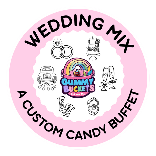 A circular pink and white graphic with the text 'WEDDING MIX' and 'A CUSTOM CANDY BUFFET' around a central 'Gummy Buckets' logo, surrounded by wedding-themed line drawings including rings, a cake, champagne glasses, a car, and an engagement ring.