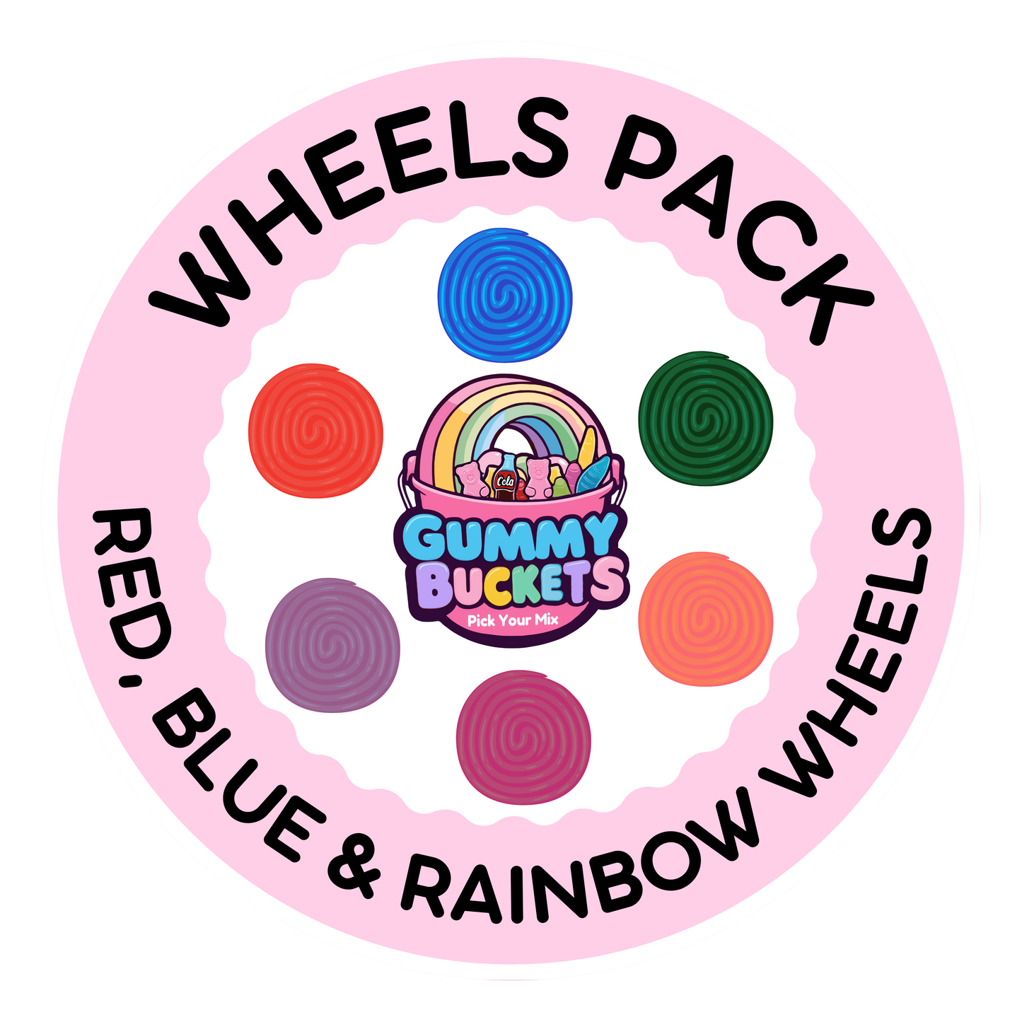 A circular graphic for a 'Wheels Pack' featuring the Gummy Buckets logo in the center, surrounded by eight colorful spiral wheel illustrations in red, blue, green, purple, orange, pink, and rainbow colors. The outer ring is light pink with black text reading 'WHEELS PACK' and 'RED, BLUE & RAINBOW WHEELS'.