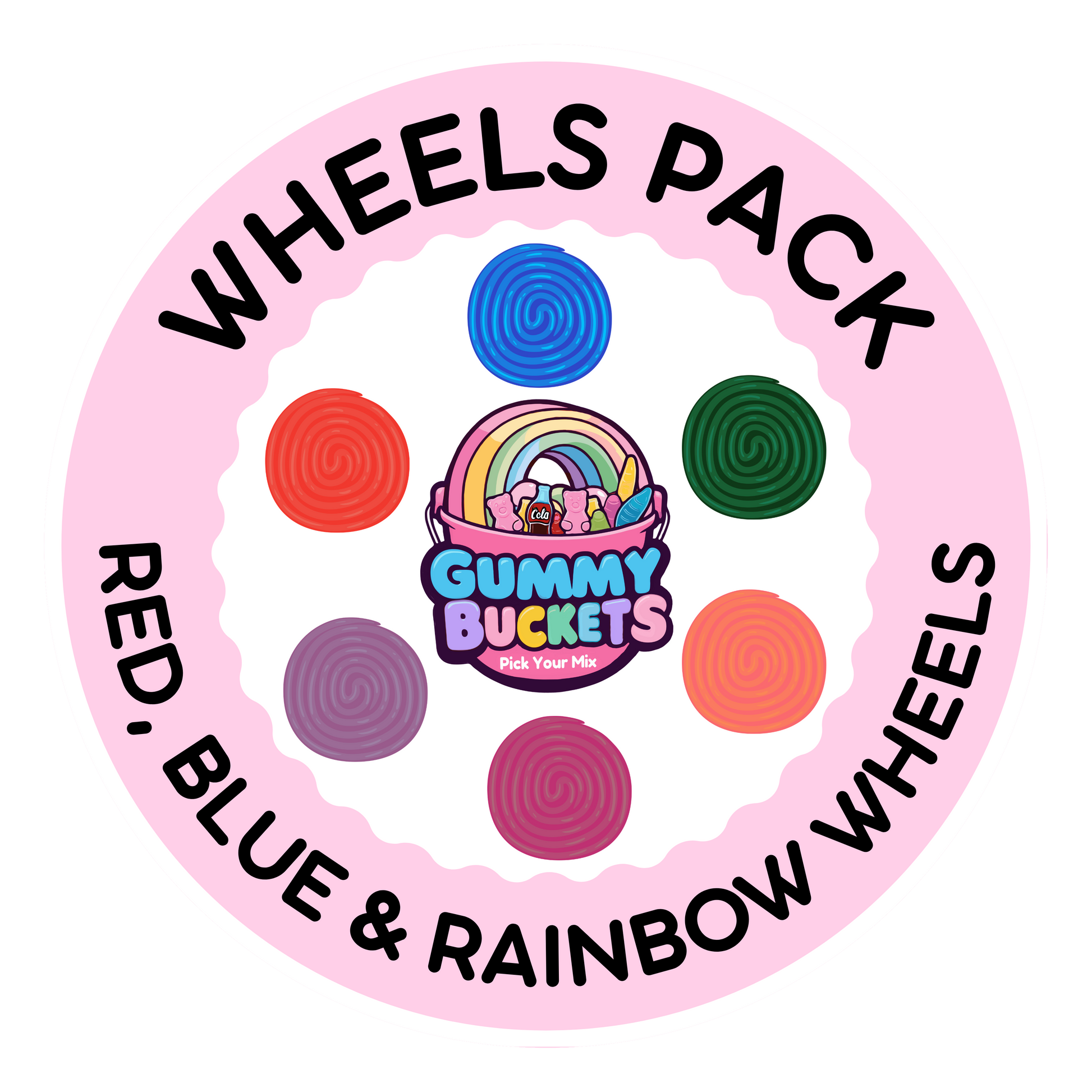 A circular graphic for a 'Wheels Pack' featuring the Gummy Buckets logo in the center, surrounded by eight colorful spiral wheel illustrations in red, blue, green, purple, orange, pink, and rainbow colors. The outer ring is light pink with black text reading 'WHEELS PACK' and 'RED, BLUE & RAINBOW WHEELS'.