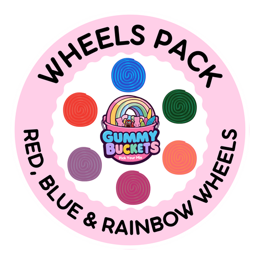 A circular graphic for a 'Wheels Pack' featuring the Gummy Buckets logo in the center, surrounded by eight colorful spiral wheel illustrations in red, blue, green, purple, orange, pink, and rainbow colors. The outer ring is light pink with black text reading 'WHEELS PACK' and 'RED, BLUE & RAINBOW WHEELS'.