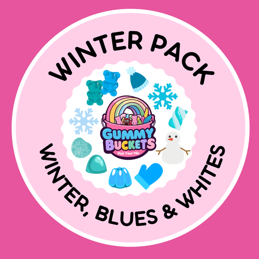 Gummy Buckets winter-themed product packaging with text on a pink background
