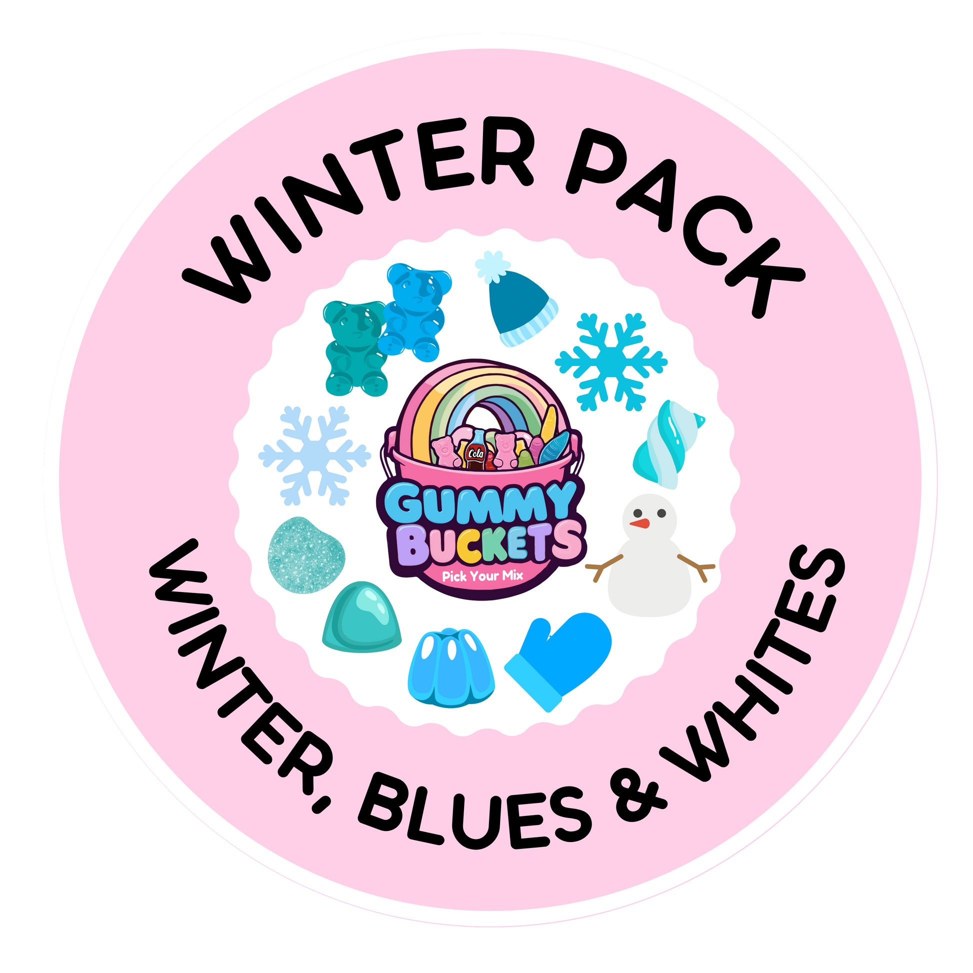 A circular pink graphic for a 'Winter Pack' by Gummy Buckets, featuring various winter-themed gummy candies and accessories like blue gummy bears, a blue beanie, snowflake decorations, a snowman, and blue gloves.