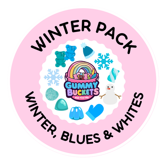 A circular pink graphic for a 'Winter Pack' by Gummy Buckets, featuring various winter-themed gummy candies and accessories like blue gummy bears, a blue beanie, snowflake decorations, a snowman, and blue gloves.