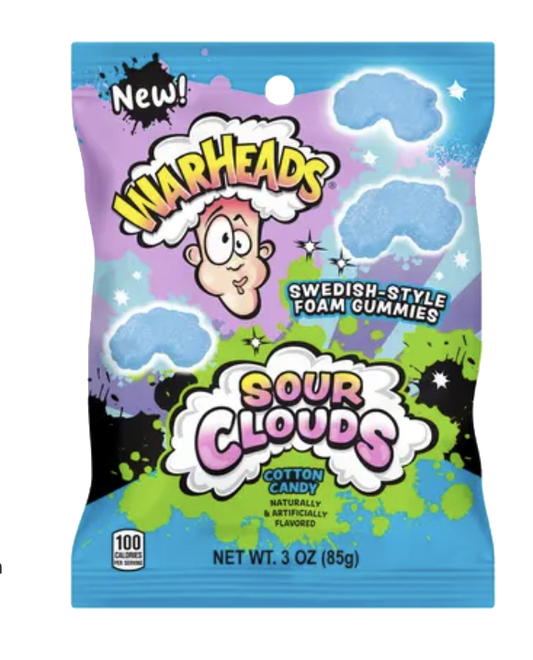 Blue WARHEADS Sour Clouds cotton candy foam gummy pouch with cloud illustrations.