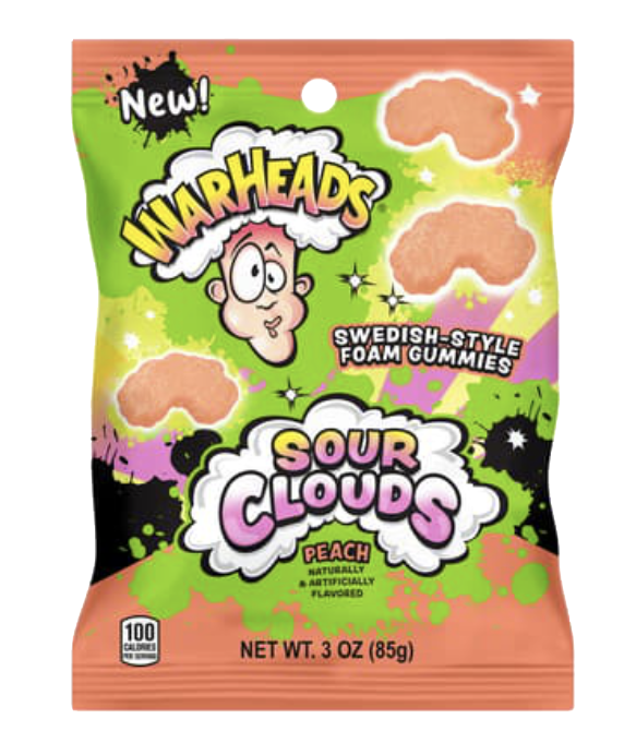 Orange and green WARHEADS Sour Clouds peach foam gummy pouch with cloud illustrations.