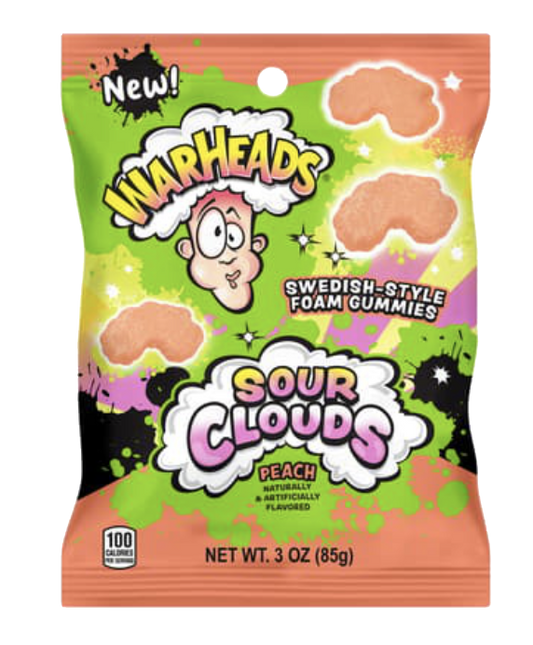 Orange and green WARHEADS Sour Clouds peach foam gummy pouch with cloud illustrations.