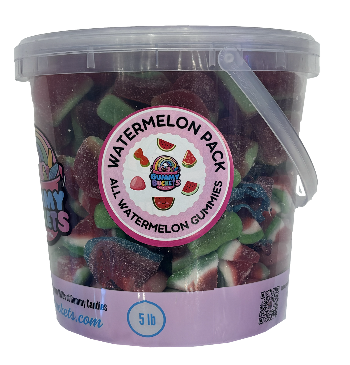 A 5 lb clear plastic bucket filled with assorted gummy candies, featuring a round label that reads 'Watermelon Pack All Watermelon Gummies' with the Gummy Bites logo. The gummies inside are primarily red and green with some blue accents, and the bucket has a translucent lid and handle.