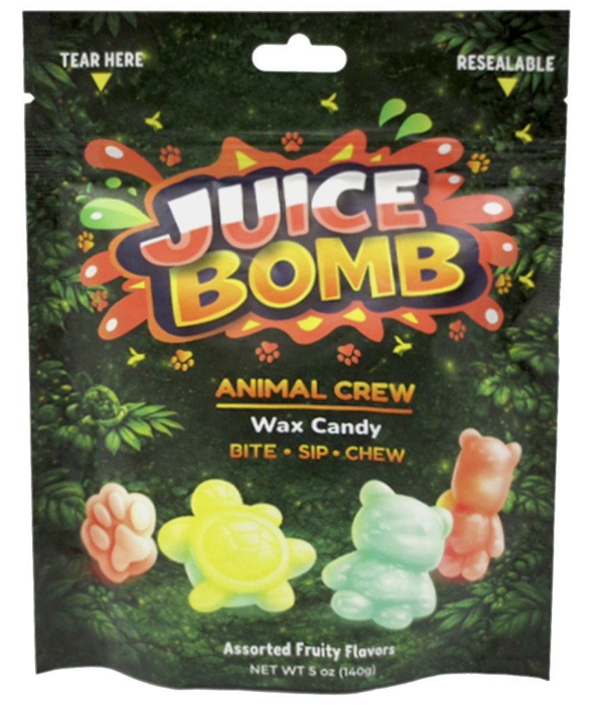 Dark green Juice Bomb Animal Crew wax candy pouch showing pastel animal-shaped candies.