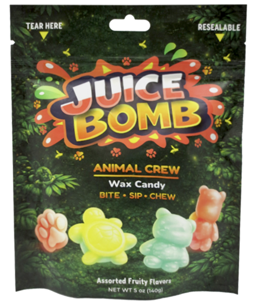 Dark green Juice Bomb Animal Crew wax candy pouch showing pastel animal-shaped candies.