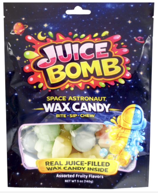 Juice Bomb Space Astronaut wax candy pouch with pastel astronaut-shaped candies visible through its window.