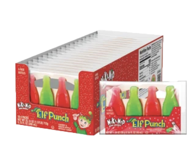 Nik-L-Nip Elf Punch red and green wax bottle candies in holiday packaging.