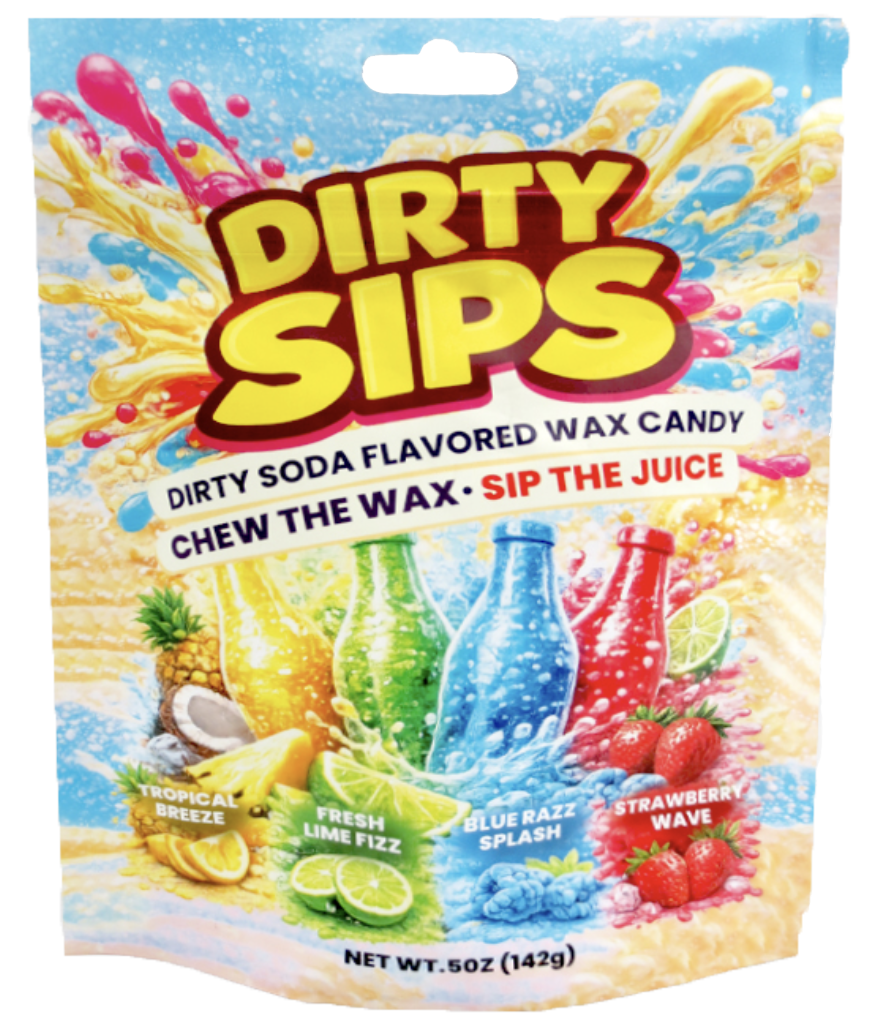 Dirty Sips wax candy bag showing yellow, orange, blue and red juice-filled wax bottles
