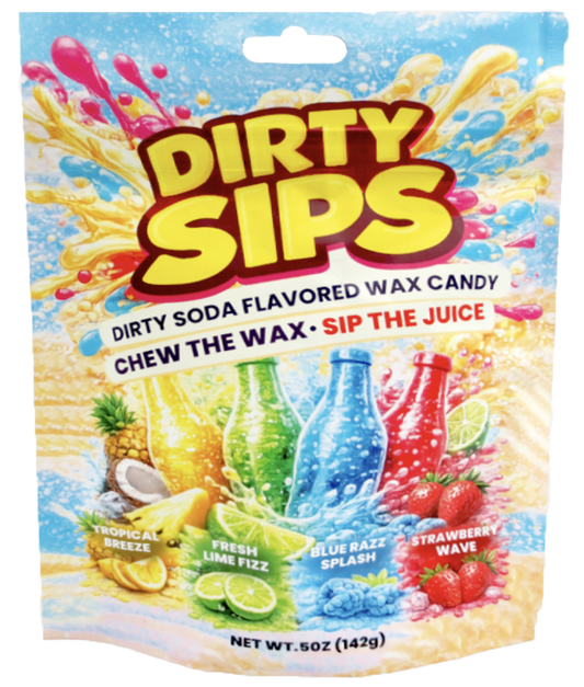 Dirty Sips wax candy bag showing yellow, orange, blue and red juice-filled wax bottles
