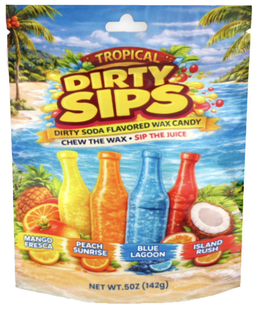 Tropical Dirty Sips wax candy bag showing yellow, orange, blue and red juice-filled wax bottles

