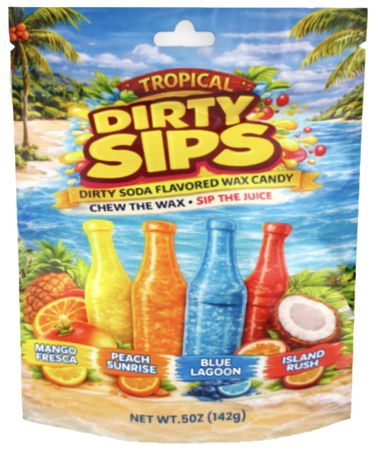 Tropical Dirty Sips wax candy bag showing yellow, orange, blue and red juice-filled wax bottles
