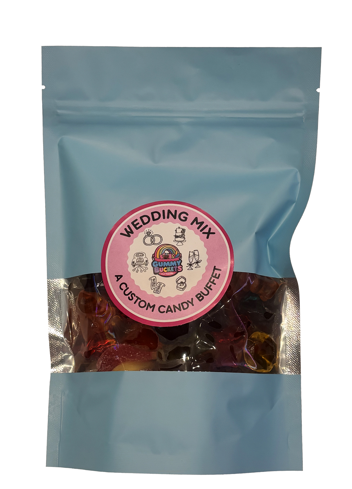 A light blue resealable stand-up pouch with a clear window showing a colorful assortment of wedding-themed gummy candies including rings, champagne bottles, and heart shapes inside. A round pink label on the front reads 'WEDDING MIX' and 'A CUSTOM CANDY BUFFET' with the Gummy Buckets logo surrounded by illustrated wedding icons including rings, cakes, and champagne glasses in the center.