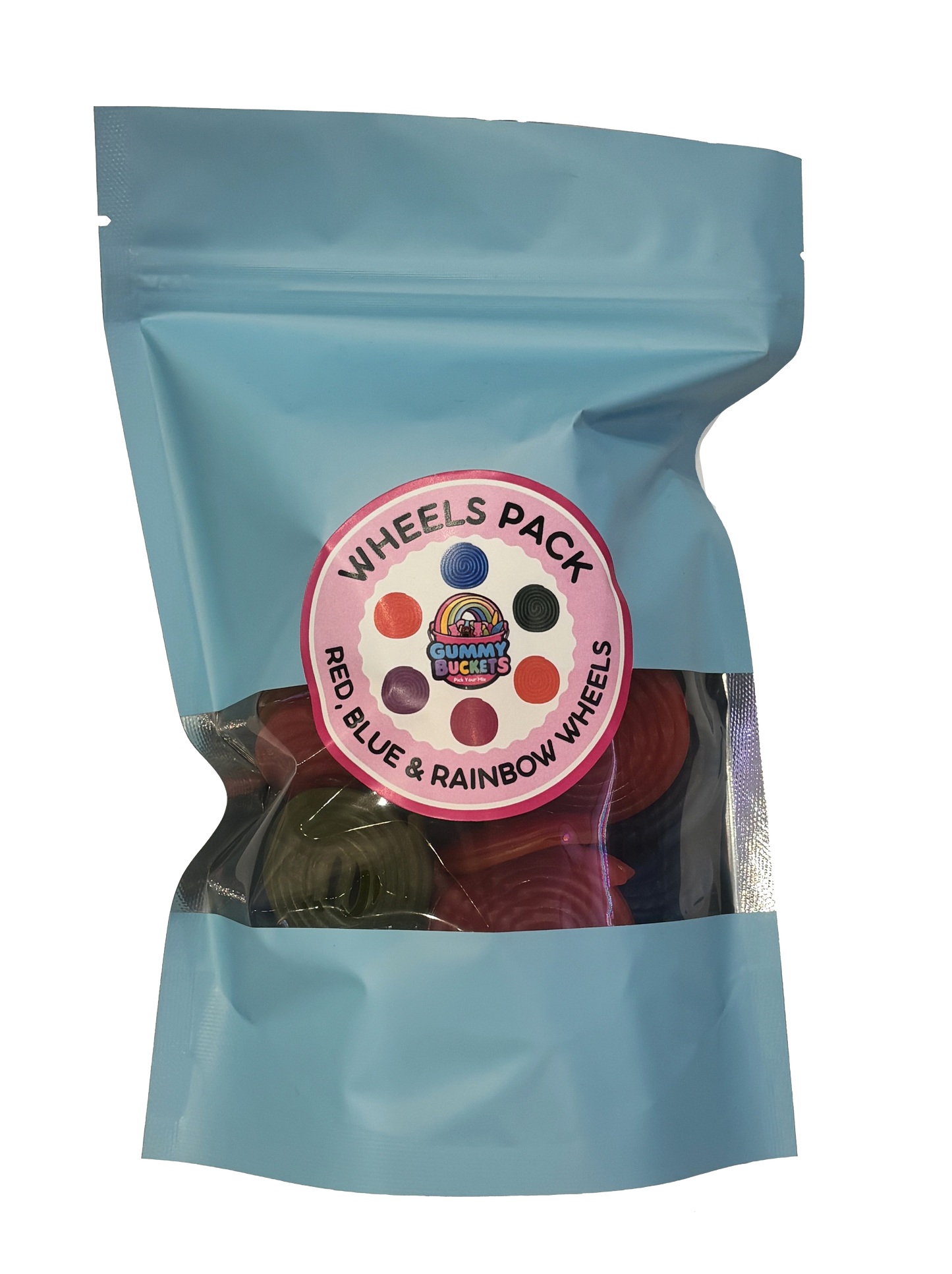 A light blue resealable stand-up pouch containing a pack of colorful plastic 'Wheels' candies. A circular pink and white label on the front reads 'WHEELS PACK' and 'RED, BLUE & RAINBOW WHEELS' with the brand name 'Gummy Juggler' in the center.