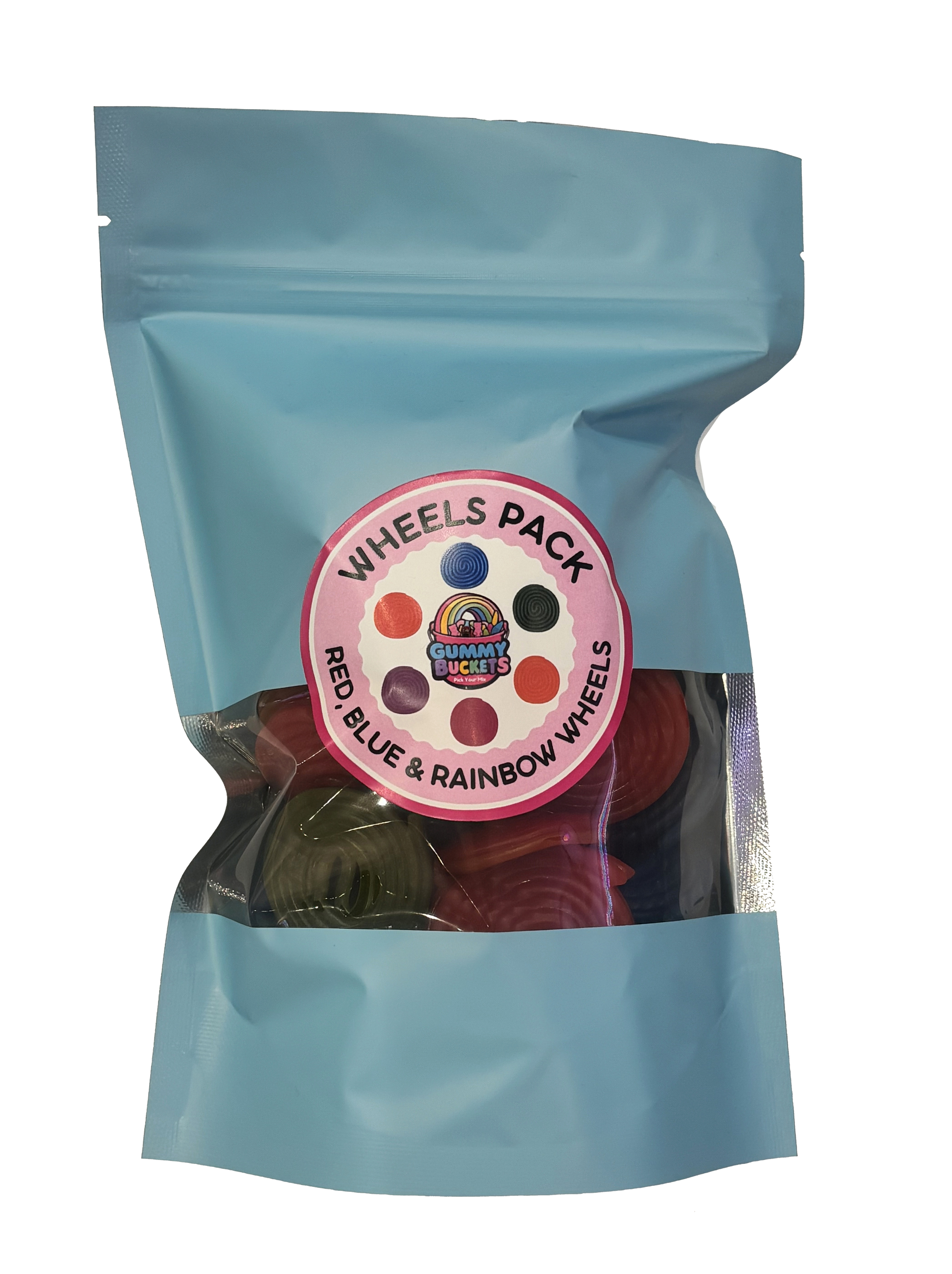 A light blue resealable stand-up pouch containing a pack of colorful plastic 'Wheels' candies. A circular pink and white label on the front reads 'WHEELS PACK' and 'RED, BLUE & RAINBOW WHEELS' with the brand name 'Gummy Juggler' in the center.